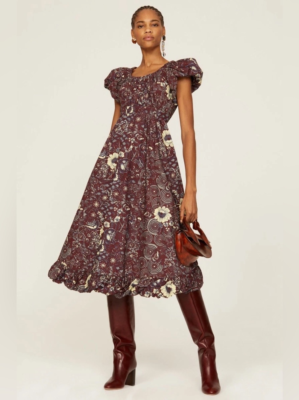 Ulla Johnson Maroon Floral Midi Dress